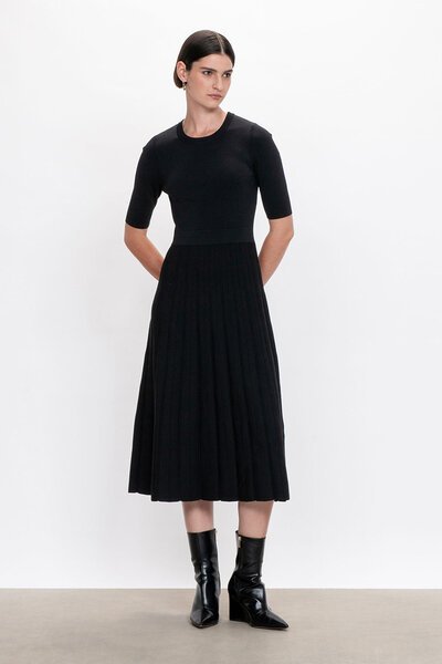 Veronika Maine Elbow Sleeve Pleated Knit Dress-new-Preen