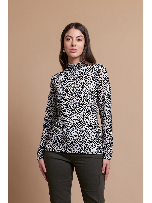 Foil Print Long Sleeve Polo Neck Top