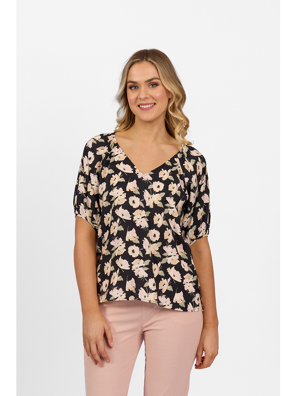 Vassalli V Neck Floaty Sleeve Print Top - Thea