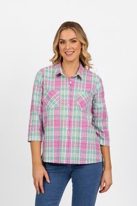 Vassalli Button Front Tab Sleeve Check Shirt