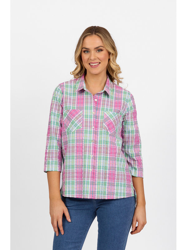 Vassalli Button Front Tab Sleeve Check Shirt