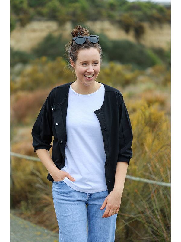 White On Black Collarless Jacket