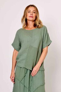 La Strada Asymmetrical Fringe Hem Patched Top