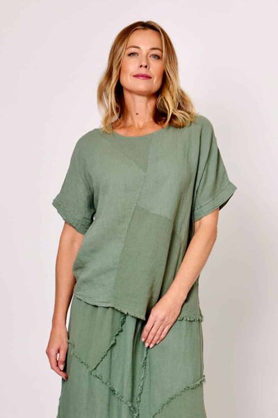 La Strada Asymmetrical Fringe Hem Patched Top-new-Preen