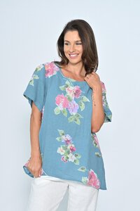 Cali & Co Round Neck Floral Linen Top