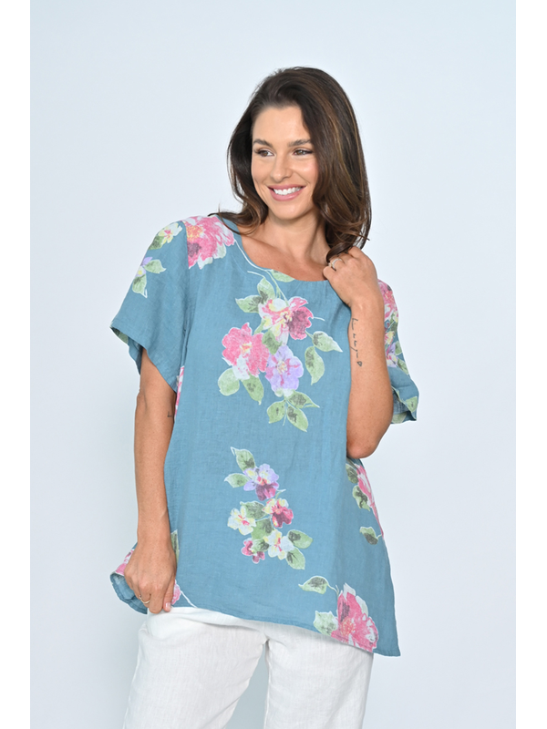 Cali & Co Round Neck Floral Linen Top