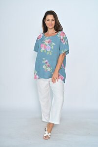 Cali & Co Round Neck Floral Linen Top