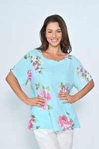 Cali & Co Round Neck Floral Linen Top