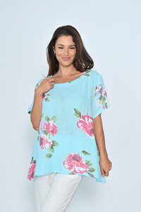 Cali & Co Round Neck Floral Linen Top