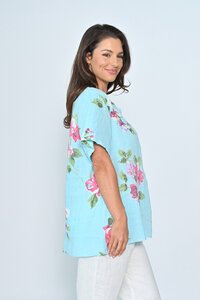 Cali & Co Round Neck Floral Linen Top