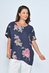 Cali & Co Round Neck Floral Linen Top