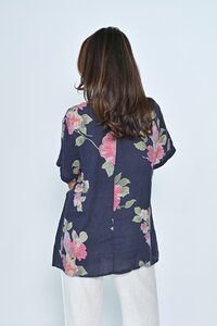 Cali & Co Round Neck Floral Linen Top