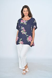 Cali & Co Round Neck Floral Linen Top