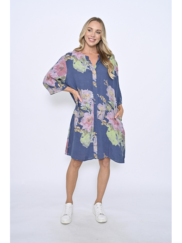 Cali & Co Big Button Linen Floral Dress