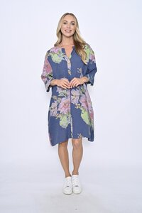 Cali & Co Big Button Linen Floral Dress