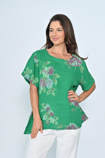 Cali & Co Round Neck Big Floral Linen Top-new-Preen