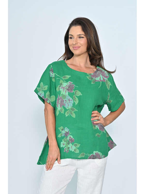 Cali & Co Round Neck Big Floral Linen Top