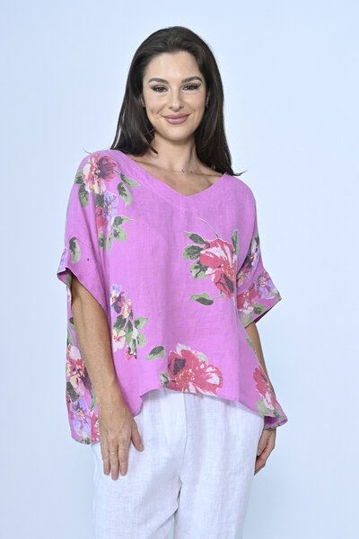 Cali & Co V-Neck Oversized Linen Floral Top-new-Preen