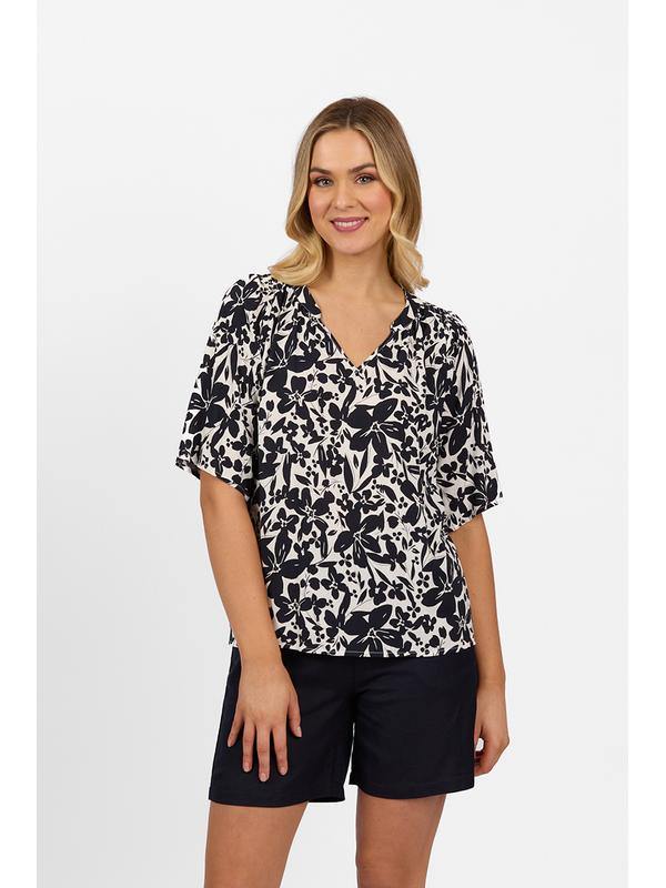 Vassalli SS V Neck Shirred Shoulders Top - Coco