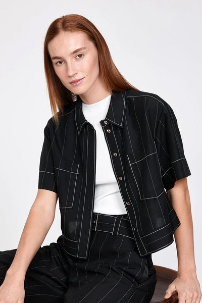 Veronika Maine Textured Pinstripe Pocket Shirt-new-Preen