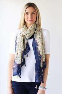 Archer House Botanical Print Scarf with Tassels