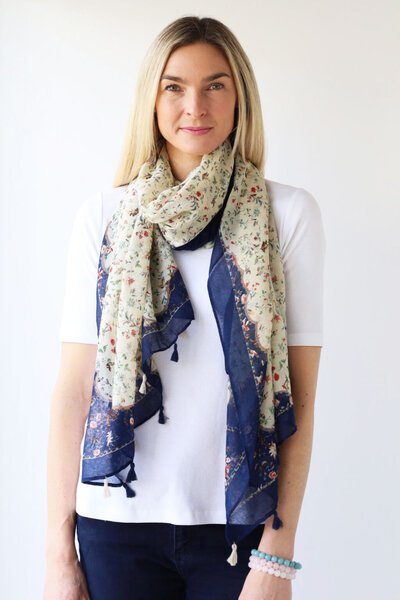 Archer House Botanical Print Scarf with Tassels-best-sellers-Preen