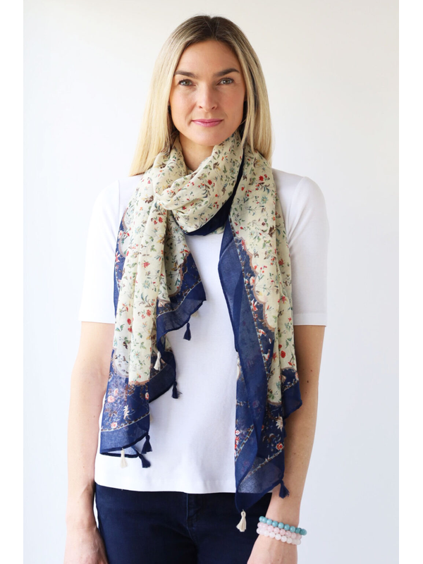 Archer House Botanical Print Scarf with Tassels