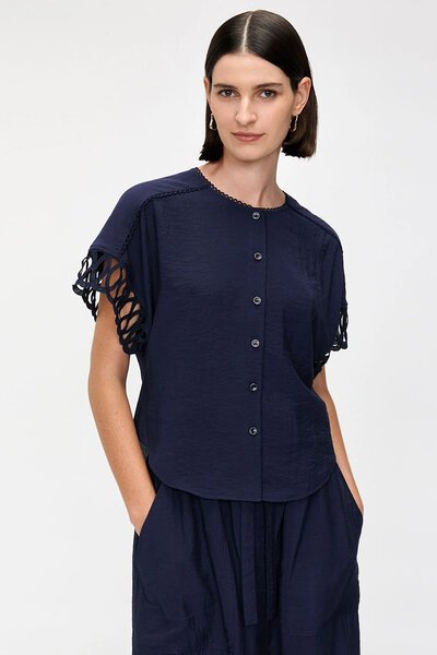 Veronika Maine Textured Viscose Shirt with Embroidery Trim-new-Preen