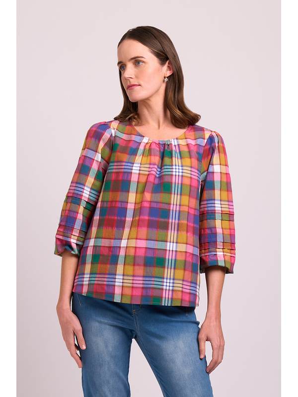 Memo Pintuck Volume Sleeve Check Top