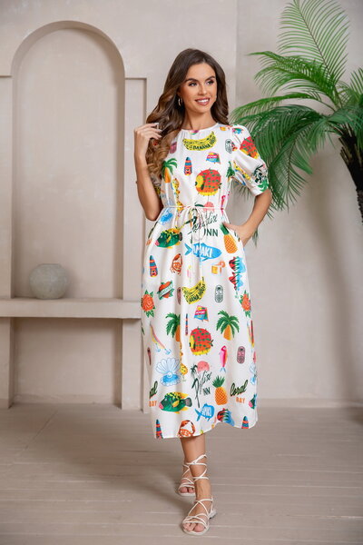 Mutig Tropical Puff Sleeve Midi Dress-new-Preen