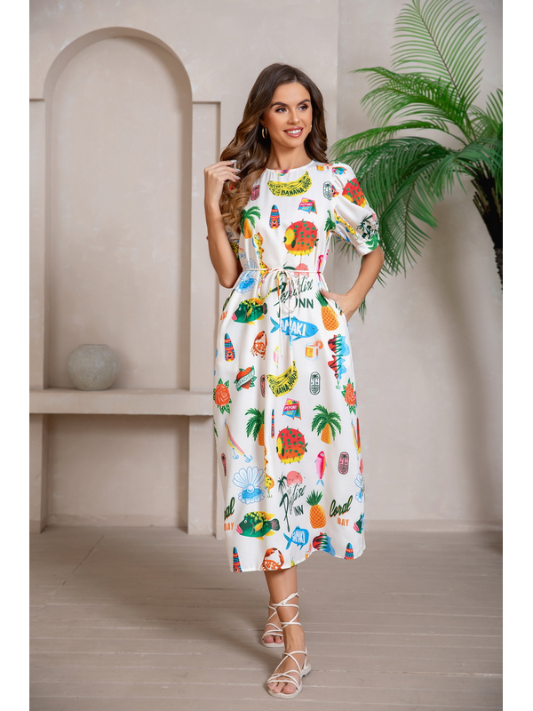 Mutig Tropical Puff Sleeve Midi Dress