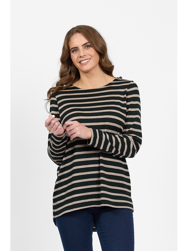 Vassalli Merino Stripe L-S Back Button Placket Top