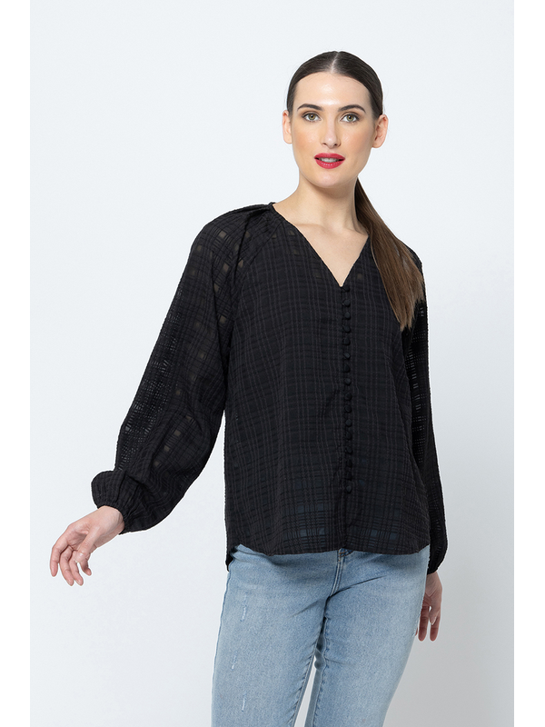 Seeking Lola Sheer Black Check Santorini Top