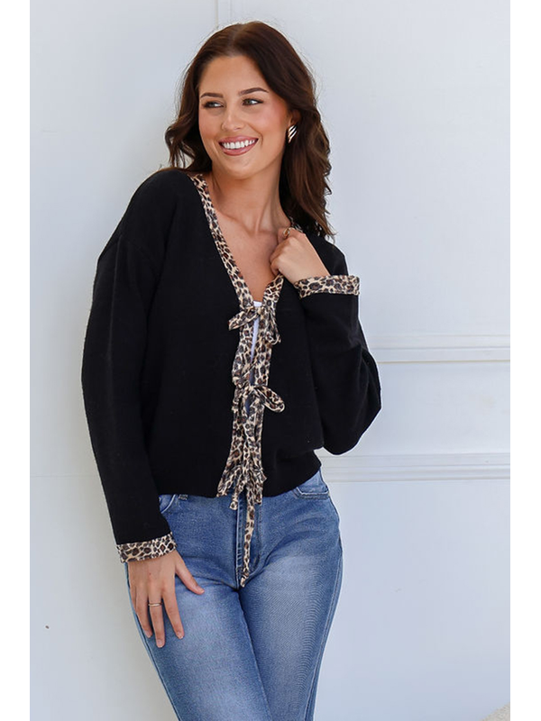 Miss Marlow Leopard Trim Tie Cardi